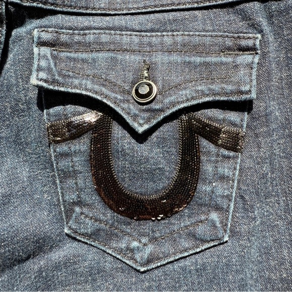 True Religion Women's Flared Jeans Size 30 Blue Medium Wash Denim Black Sequins - Picture 10 of 10